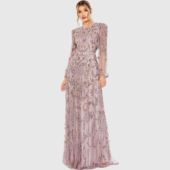 MAC DUGGAL $798 93930 Purple Puff Sleeve Embellished A Line Gown Dress - Picture 2 of 14